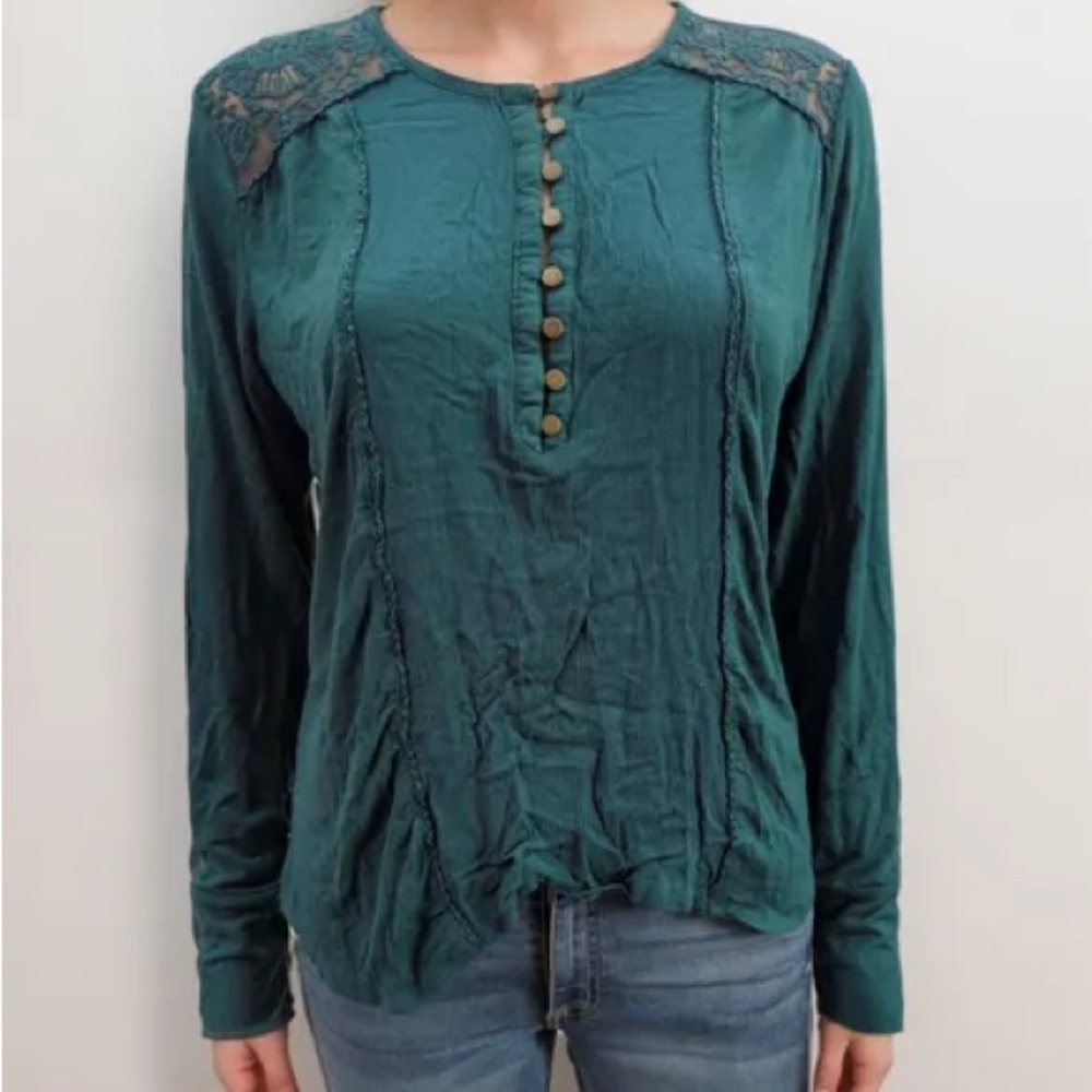 Maurices Dark Teal Blouse with Button Front and Lace Detail
